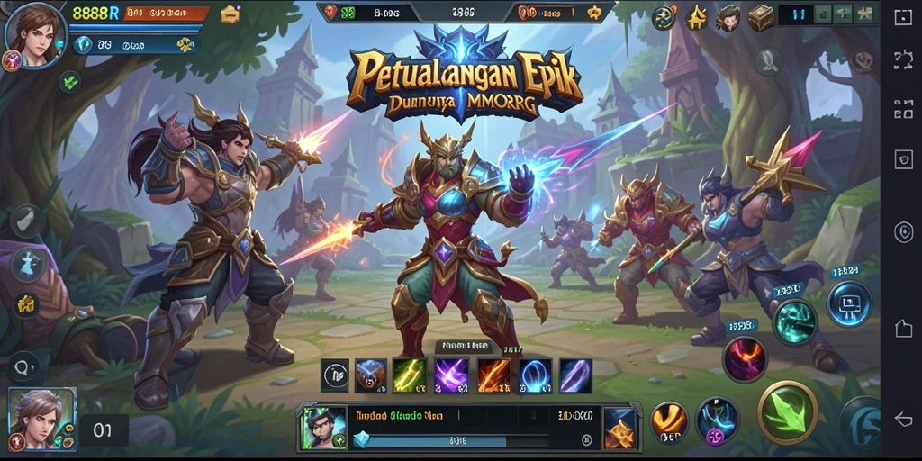 Tangkapan layar gameplay <strong>888R</strong> menunjukkan pertempuran epik di dunia fantasi.