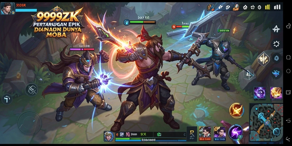 Screenshot gameplay epik dari 999ZK yang menunjukkan aksi MOBA.
