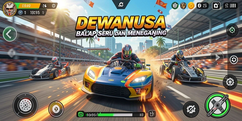Gameplay seru DEWANUSA dengan mobil balap di lintasan menegangkan.