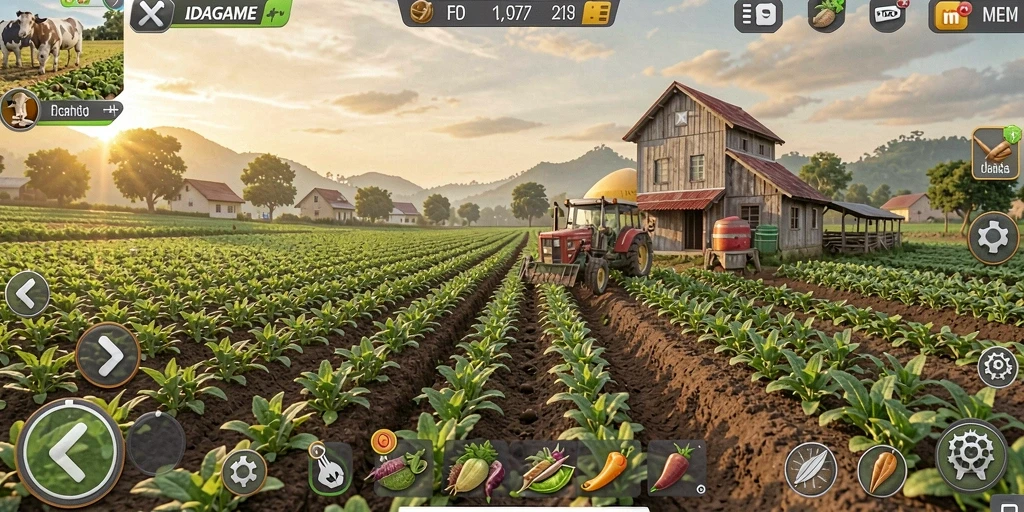 Tampilan gameplay <strong>IDAGAME</strong> yang menakjubkan dengan lahan pertanian yang subur.