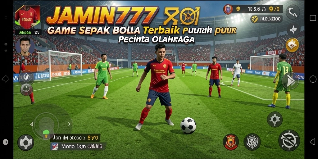 Screenshot utama menunjukkan aksi seru permainan sepak bola.