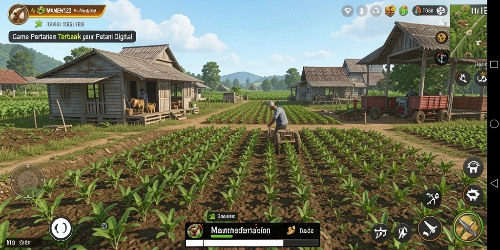 Screenshot gameplay MAMEN123 menunjukkan aktivitas bertani yang seru dan interaktif.
