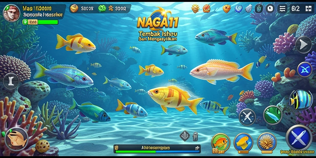 Tangkapan layar utama menunjukkan aksi menembak ikan yang seru dalam NAGA11.