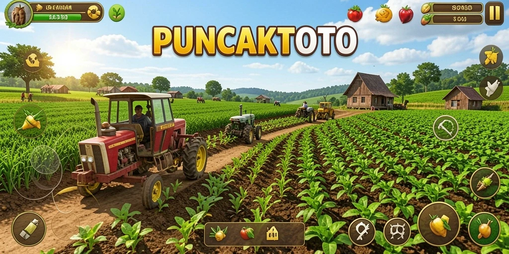 Tampilan luar ladang yang subur dalam gameplay PUNCAKTOTO.
