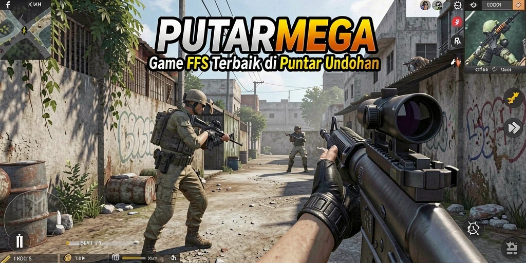 Screenshot utama PUTARMEGA menampilkan aksi tembak-menembak yang intens.