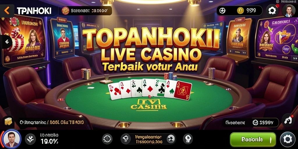 Tangkapan layar gameplay dari TOPANHOKI yang menampilkan dealer langsung dan suasana kasino yang mengasyikkan.