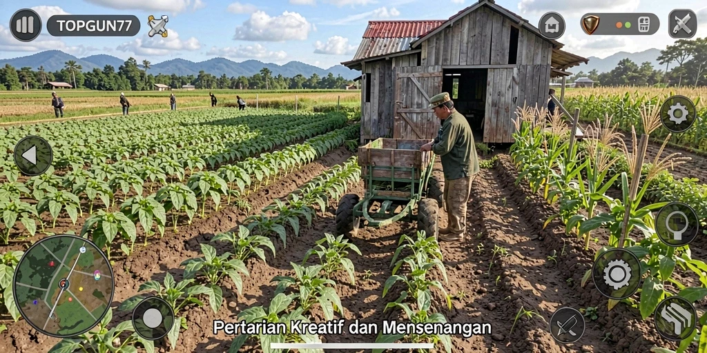 Screenshot menunjukkan gameplay seru bertani di TOPGUN77.